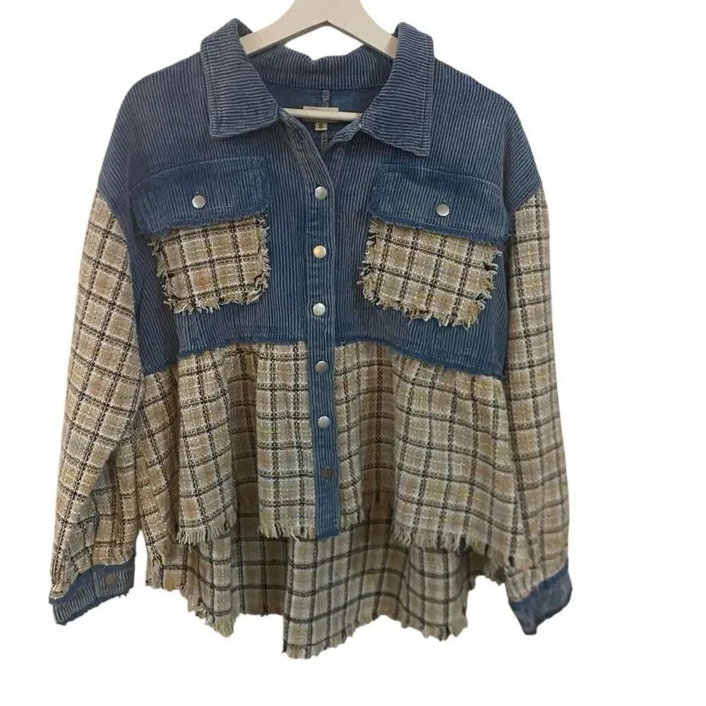 POL NWOT button plaid raw hem high low pockets blue corduroy STYLE YKJ22 small o
